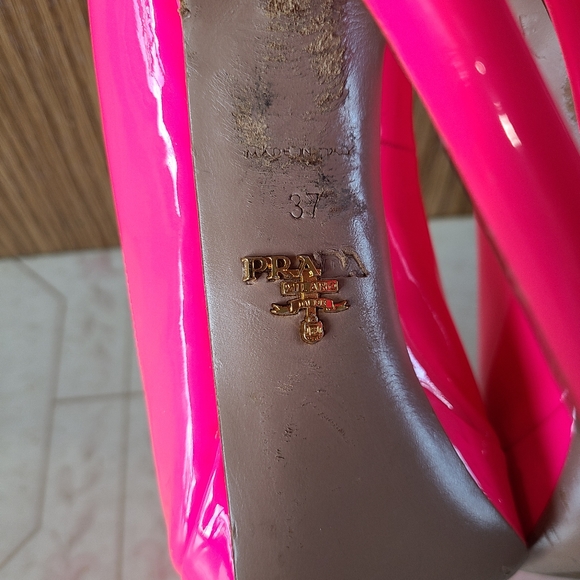 Auth PRADA Rosa Fluo Neon Patent Peep-toe Heels Size EU37/ US6.5 💗 - Picture 11 of 14